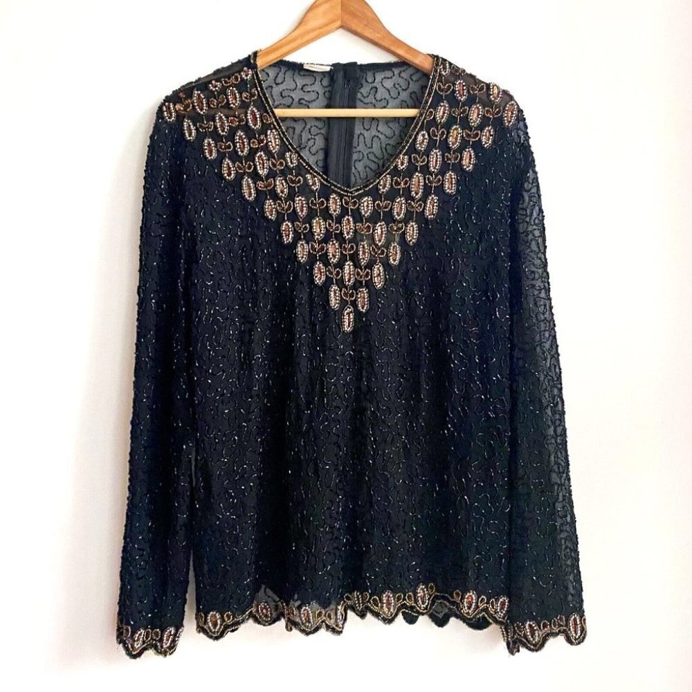 NEW Deadstock  Sheer Fully Beaded Black Gold Holiday Evening Top Long Sleeve XL